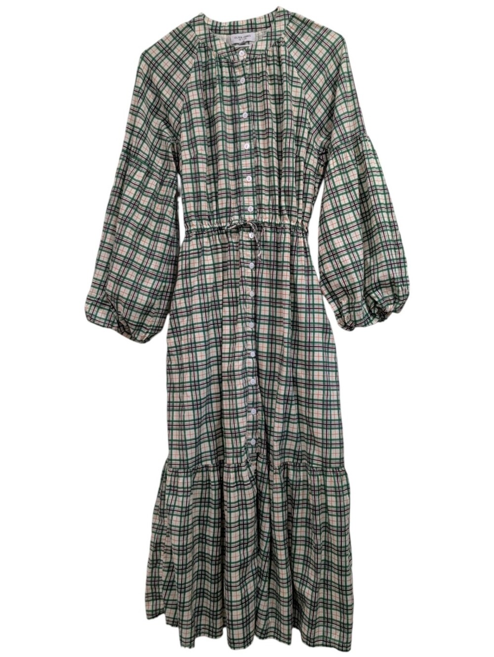 Olivia James The Label Harper Dress Cotton Evergreen Plaid Midi Maxi Size M - Picture 2 of 5